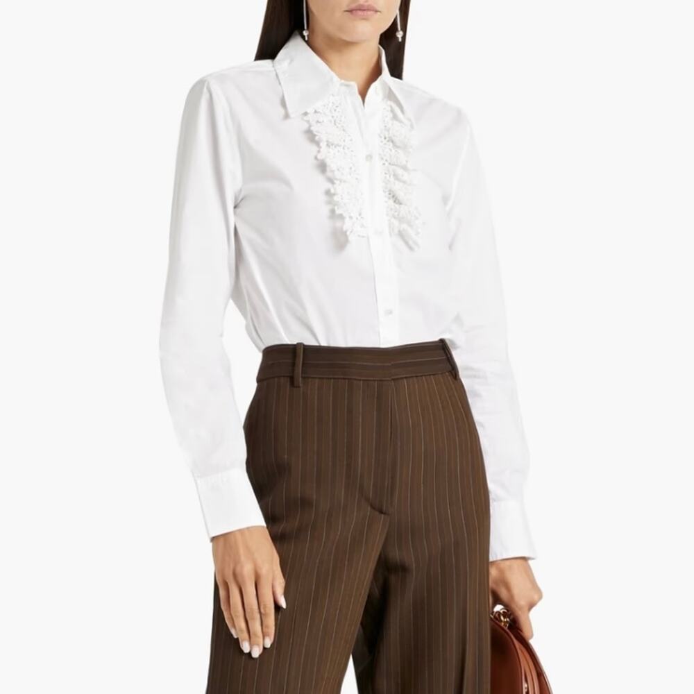 Nili Lotan Reina Crochet Trim White Cotton Poplin Shirt XS NWT India
